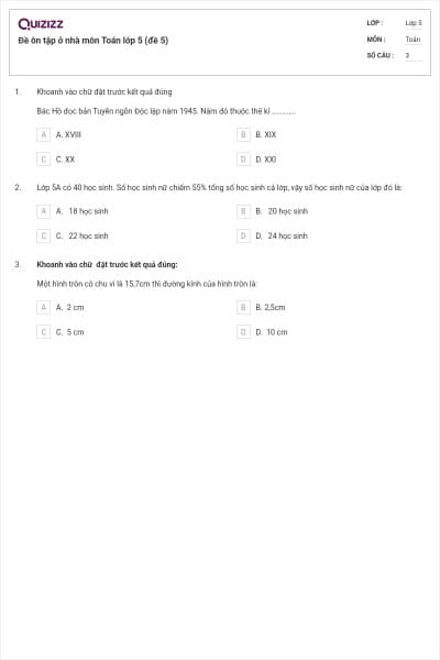 Đề ôn tập ở nhà môn Toán lớp 5 (đề 5)