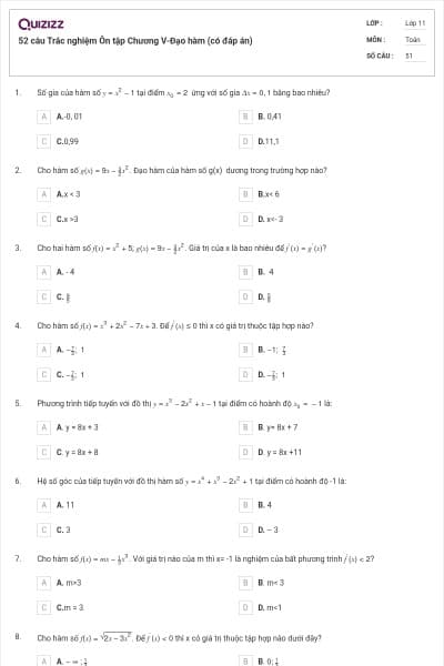 52 câu Trắc nghiệm Ôn tập Chương V-Đạo hàm (có đáp án)