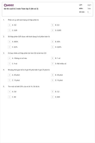 Đề thi cuối kì 2 môn Toán lớp 5 (Đề số 3)
