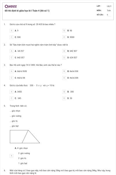 Đề thi định kì giữa học kì I Toán 4 (Đề số 1)