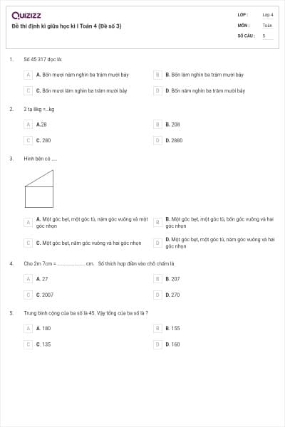 Đề thi định kì giữa học kì I Toán 4 (Đề số 3)
