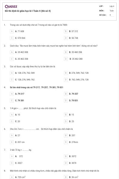 Đề thi định kì giữa học kì I Toán 4 (Đề số 4)