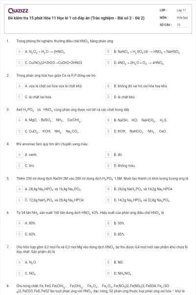 Đề kiểm tra 15 phút Hóa 11 Học kì 1 có đáp án (Trắc nghiệm - Bài số 2 - Đề 2)