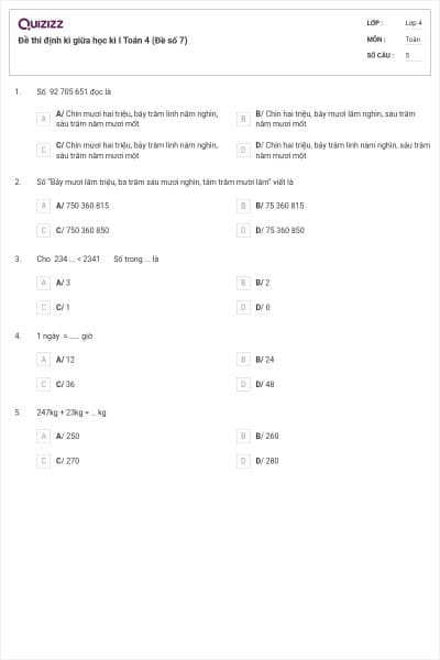 Đề thi định kì giữa học kì I Toán 4 (Đề số 7)