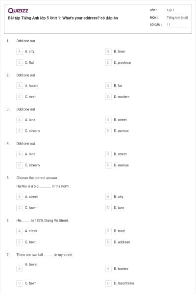 Bài tập Tiếng Anh lớp 5 Unit 1: What's your address? có đáp án