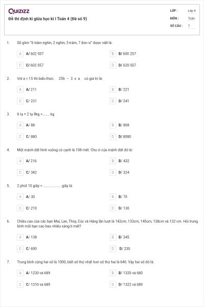 Đề thi định kì giữa học kì I Toán 4 (Đề số 9)