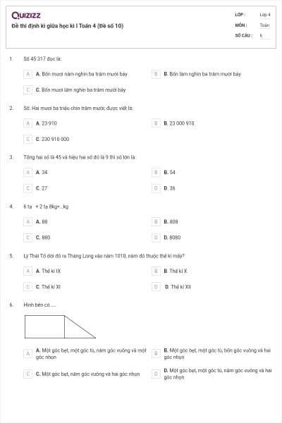 Đề thi định kì giữa học kì I Toán 4 (Đề số 10)