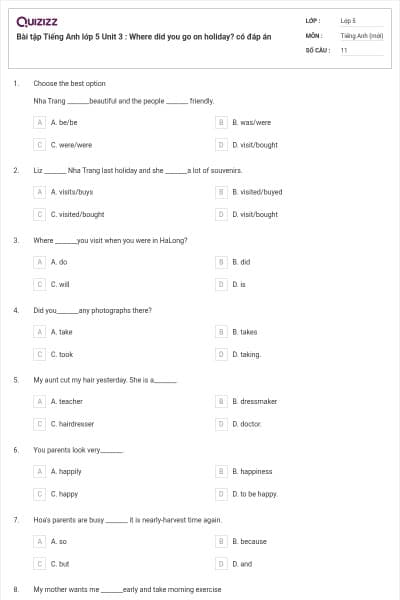 Bài tập Tiếng Anh lớp 5 Unit 3 : Where did you go on holiday? có đáp án