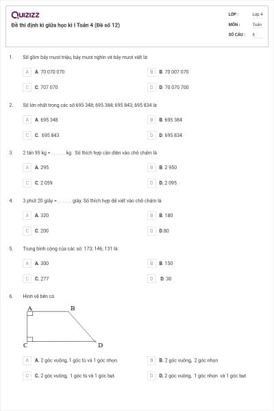 Đề thi định kì giữa học kì I Toán 4 (Đề số 12)