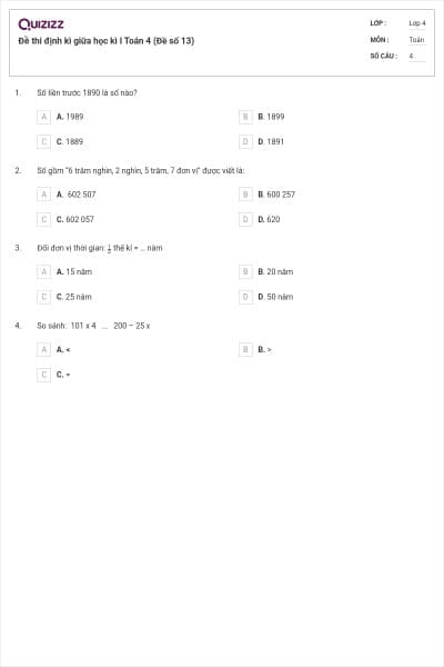 Đề thi định kì giữa học kì I Toán 4 (Đề số 13)