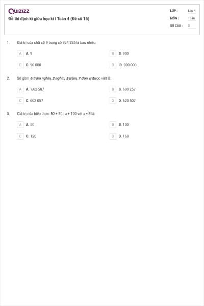 Đề thi định kì giữa học kì I Toán 4 (Đề số 15)