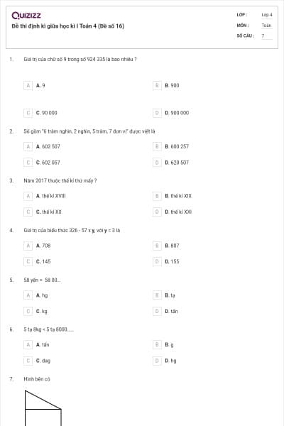 Đề thi định kì giữa học kì I Toán 4 (Đề số 16)