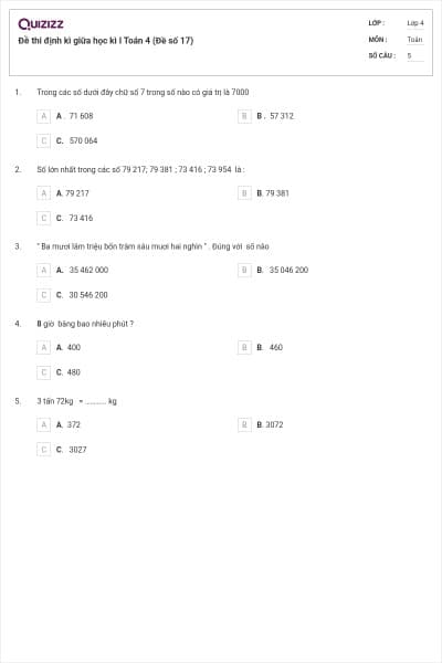 Đề thi định kì giữa học kì I Toán 4 (Đề số 17)