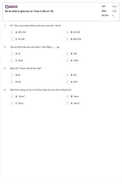 Đề thi định kì giữa học kì I Toán 4 (Đề số 18)