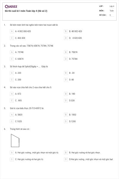 Đề thi cuối kì I môn Toán lớp 4 (Đề số 2)