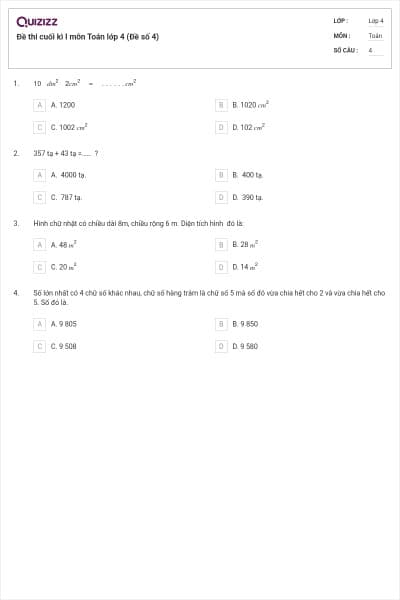 Đề thi cuối kì I môn Toán lớp 4 (Đề số 4)