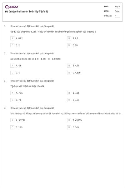 Đề ôn tập ở nhà môn Toán lớp 5 (đề 8)