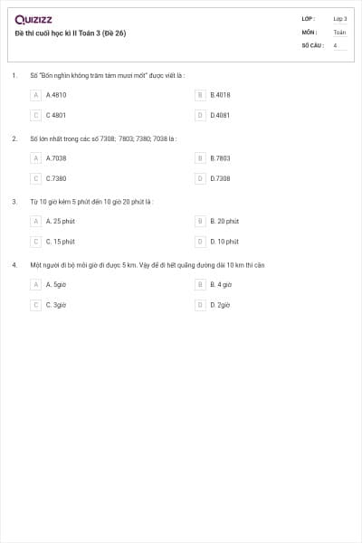 Đề thi cuối học kì II Toán 3 (Đề 26)