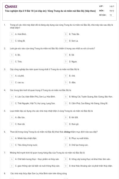 Trắc nghiệm Địa lí 9 Bài 18 (có đáp án): Vùng Trung du và miền núi Bắc Bộ (tiếp theo)