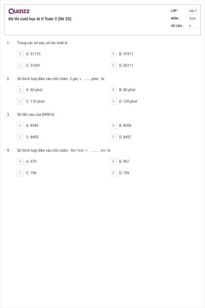 Đề thi cuối học kì II Toán 3 (Đề 33)