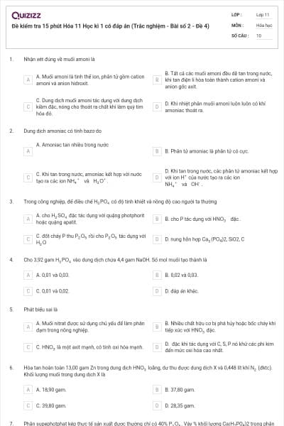 Đề kiểm tra 15 phút Hóa 11 Học kì 1 có đáp án (Trắc nghiệm - Bài số 2 - Đề 4)