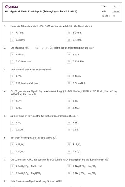 Đề thi giữa kì 1 Hóa 11 có đáp án (Trắc nghiệm - Bài số 2 - Đề 1)