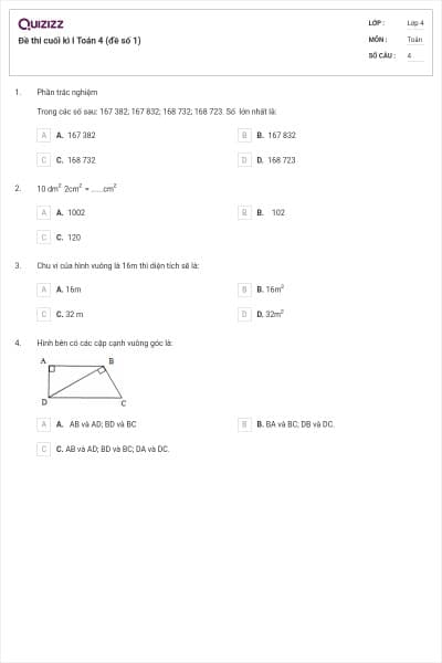 Đề thi cuối kì I Toán 4 (đề số 1)