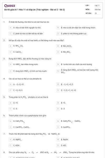 Đề thi giữa kì 1 Hóa 11 có đáp án (Trắc nghiệm - Bài số 2 - Đề 2)