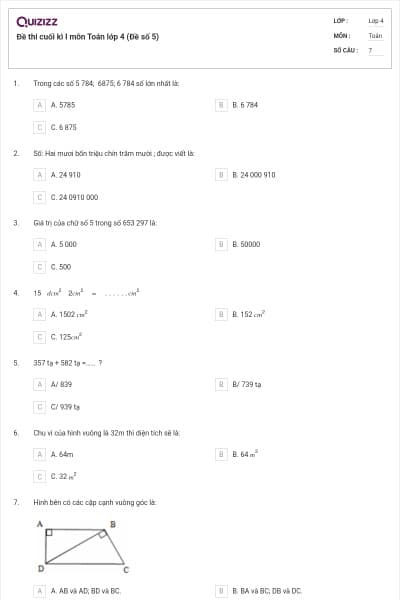 Đề thi cuối kì I môn Toán lớp 4 (Đề số 5)