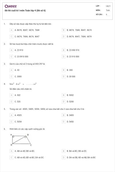 Đề thi cuối kì I môn Toán lớp 4 (Đề số 6)