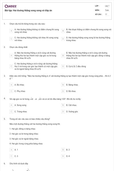 Bài tập: Hai đường thẳng song song có đáp án
