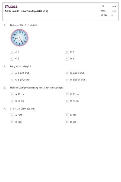 Đề thi cuối kì I môn Toán lớp 4 (Đề số 7)