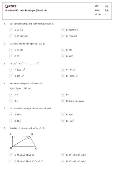 Đề thi cuối kì I môn Toán lớp 4 (Đề số 10)