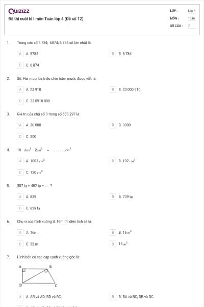 Đề thi cuối kì I môn Toán lớp 4 (Đề số 12)