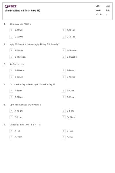 Đề thi cuối học kì II Toán 3 (Đề 38)
