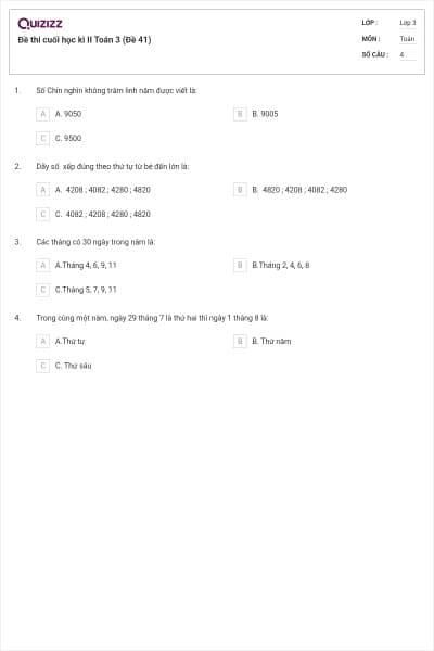 Đề thi cuối học kì II Toán 3 (Đề 41)