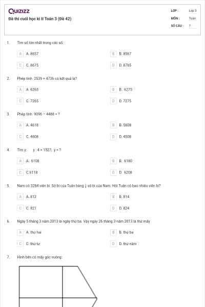 Đề thi cuối học kì II Toán 3 (Đề 42)