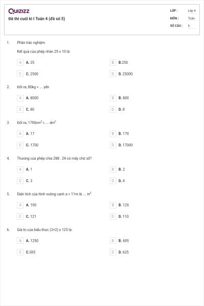 Đề thi cuối kì I Toán 4 (đề số 5)