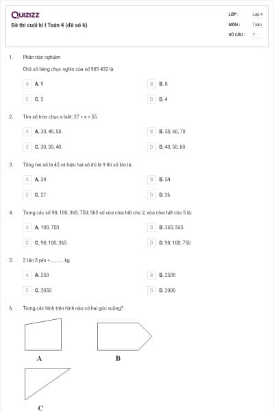 Đề thi cuối kì I Toán 4 (đề số 6)