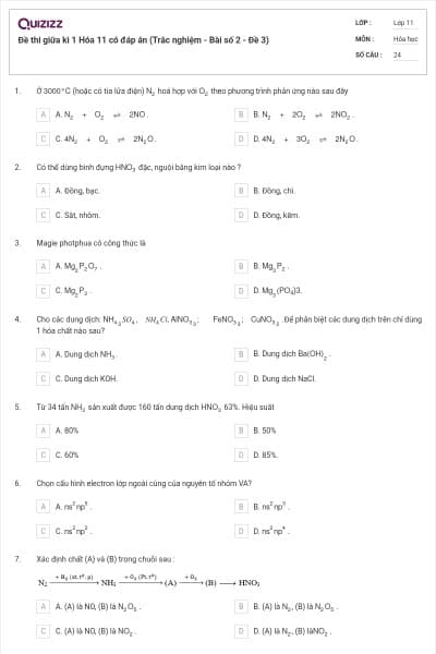 Đề thi giữa kì 1 Hóa 11 có đáp án (Trắc nghiệm - Bài số 2 - Đề 3)