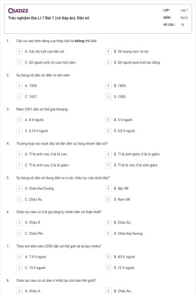 Trắc nghiệm Địa Lí 7 Bài 1 (có đáp án): Dân số