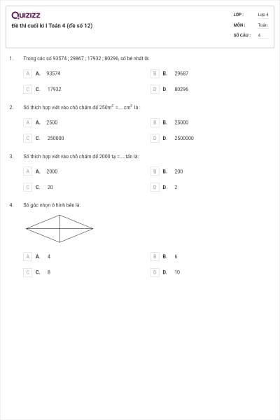 Đề thi cuối kì I Toán 4 (đề số 12)
