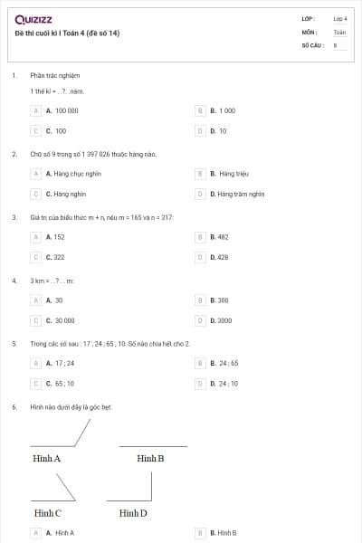 Đề thi cuối kì I Toán 4 (đề số 14)