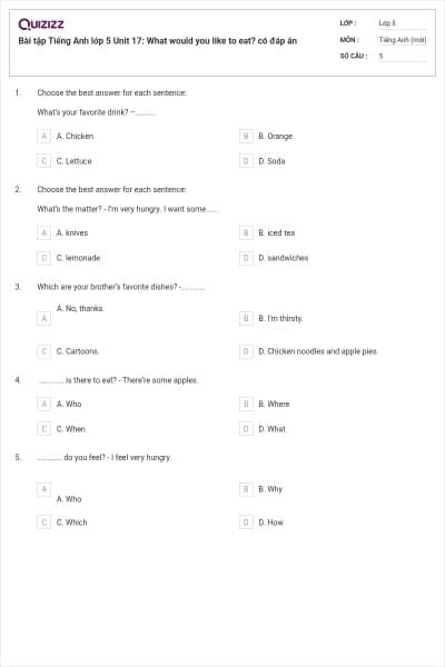 Bài tập Tiếng Anh lớp 5 Unit 17: What would you like to eat? có đáp án