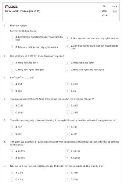 Đề thi cuối kì I Toán 4 (đề số 15)