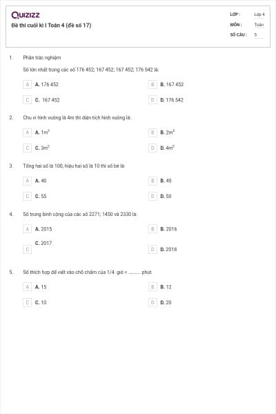 Đề thi cuối kì I Toán 4 (đề số 17)