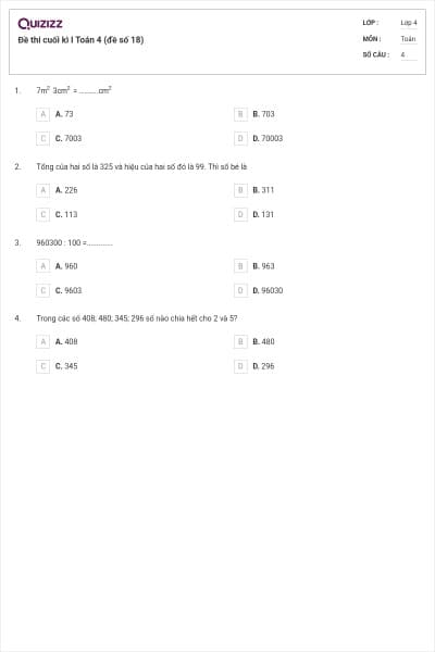Đề thi cuối kì I Toán 4 (đề số 18)