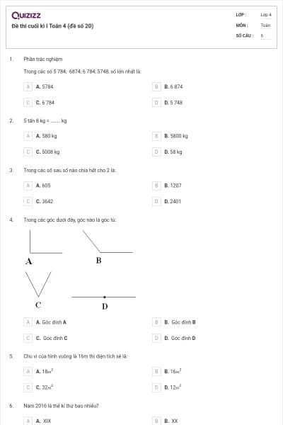 Đề thi cuối kì I Toán 4 (đề số 20)