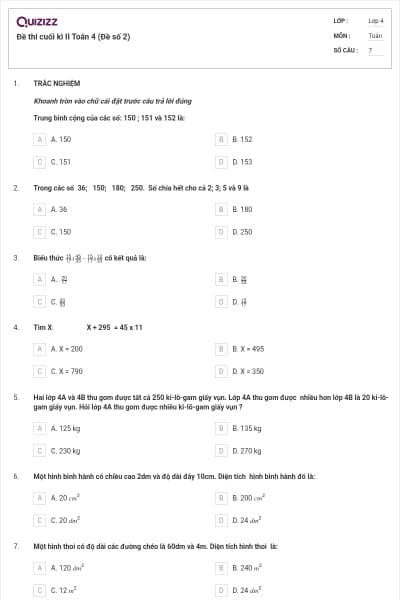 Đề thi cuối kì II Toán 4 (Đề số 2)