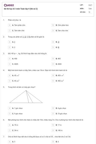 Đề thi học kì I môn Toán lớp 4 (Đề số 2)